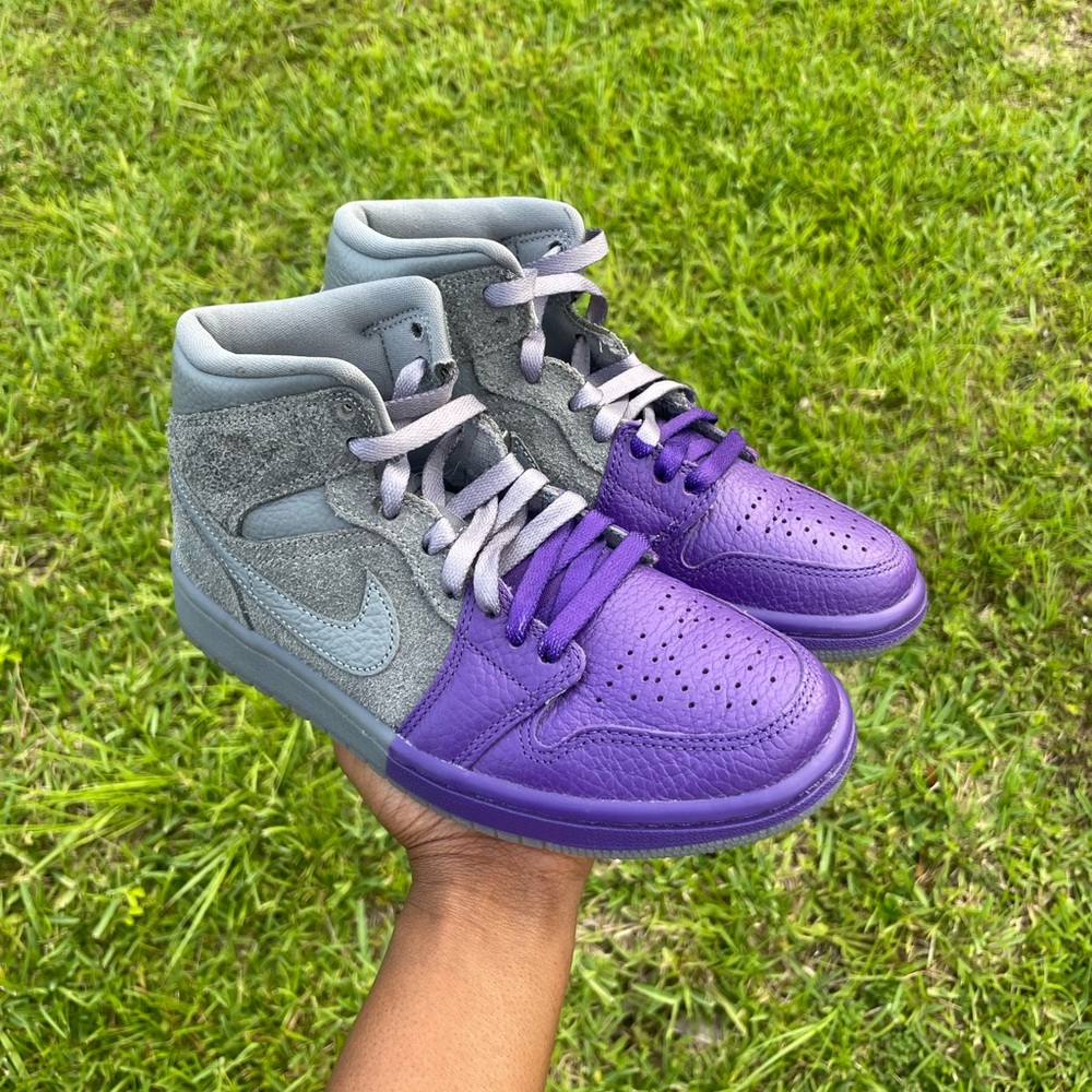 Colorblock High-Top Jordan Sneakers in Purple  Leather and Gray Suede